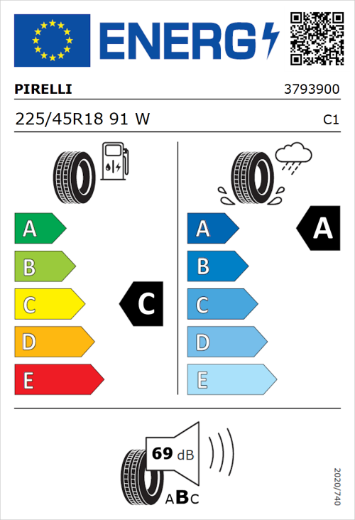 Tyre Label for Pirelli Cinturato P7 Run Flat 225/45R18 91W