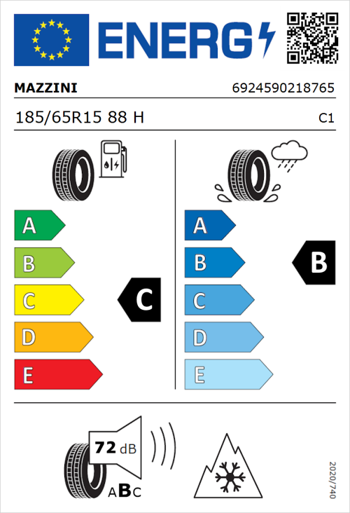 Tyre Label for Mazzini Versat-AS8 185/65R15 88H