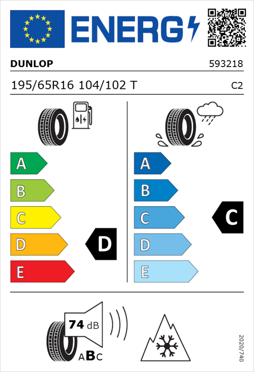 Tyre Label for Dunlop Econodrive A/S 195/65R16 104/102T