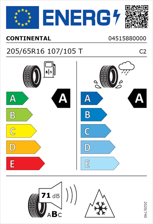 Tyre Label for Continental VanContact Eco 205/65R16 107/105T