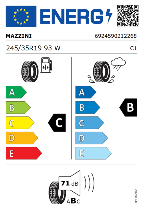 Tyre Label for Mazzini Eco 607 245/35R19 93W