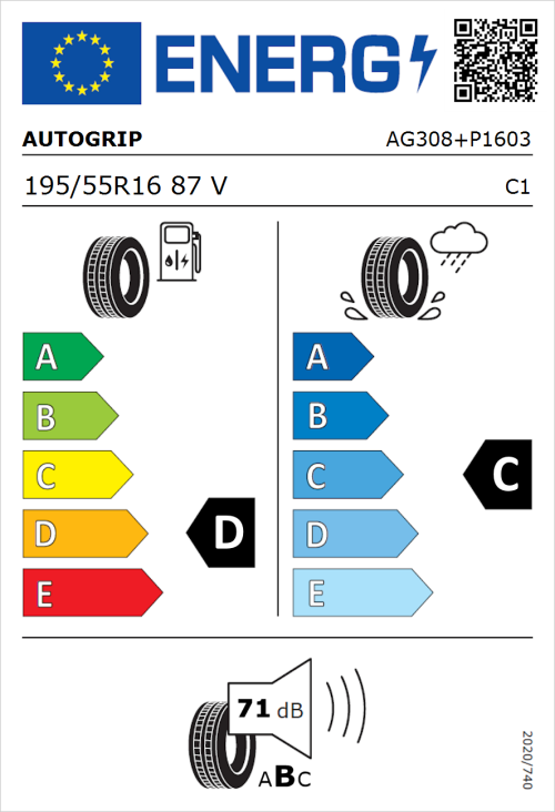 Tyre Label for Autogrip P308 195/55R16 87V